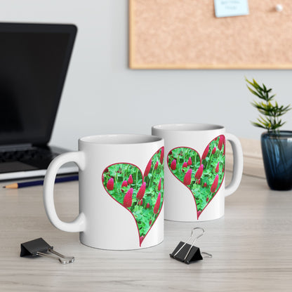 Ceramic Mug - Ruby Red Clover Flowers And Heart Shaped Leaves