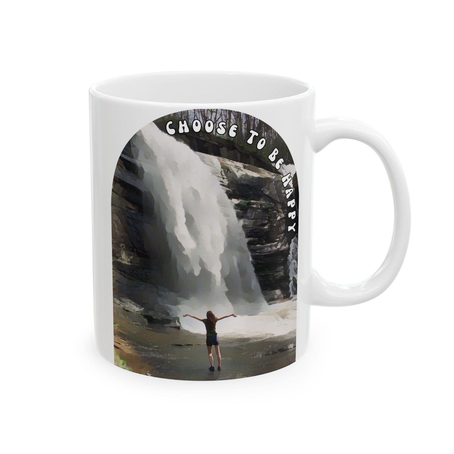 Mug with 'Choose to be Happy' Quote & Waterfall Design