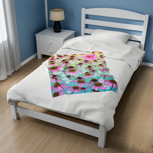 Plush Blanket - Colorful Flowers With Bumble Bee Design