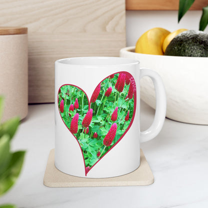 Ceramic Mug - Ruby Red Clover Flowers And Heart Shaped Leaves