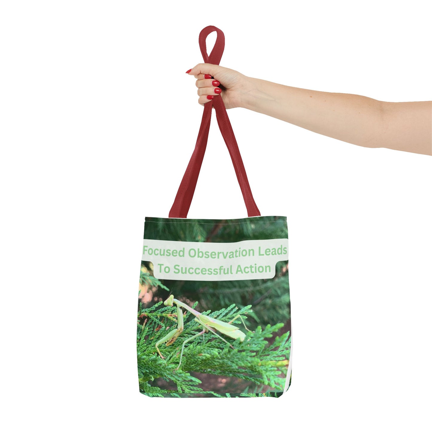 Praying Mantis Tote Bag - Focused Observation & Success Inspirational Quote