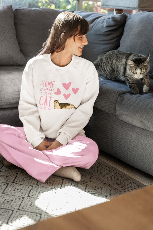 Cat Lover Crewneck Sweatshirt  - 'home is where my cat is'