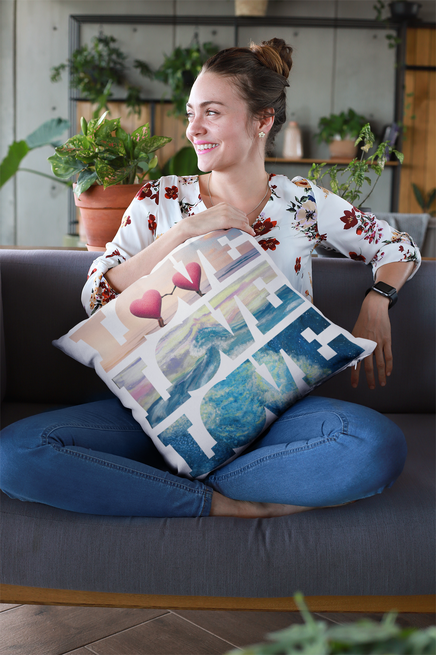 Beachy Romantic Hearts Square Pillow