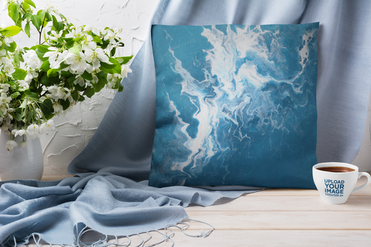 Square Pillow - Bold Blue and White Ocean Theme Hand Painted Original Artwork Pillow