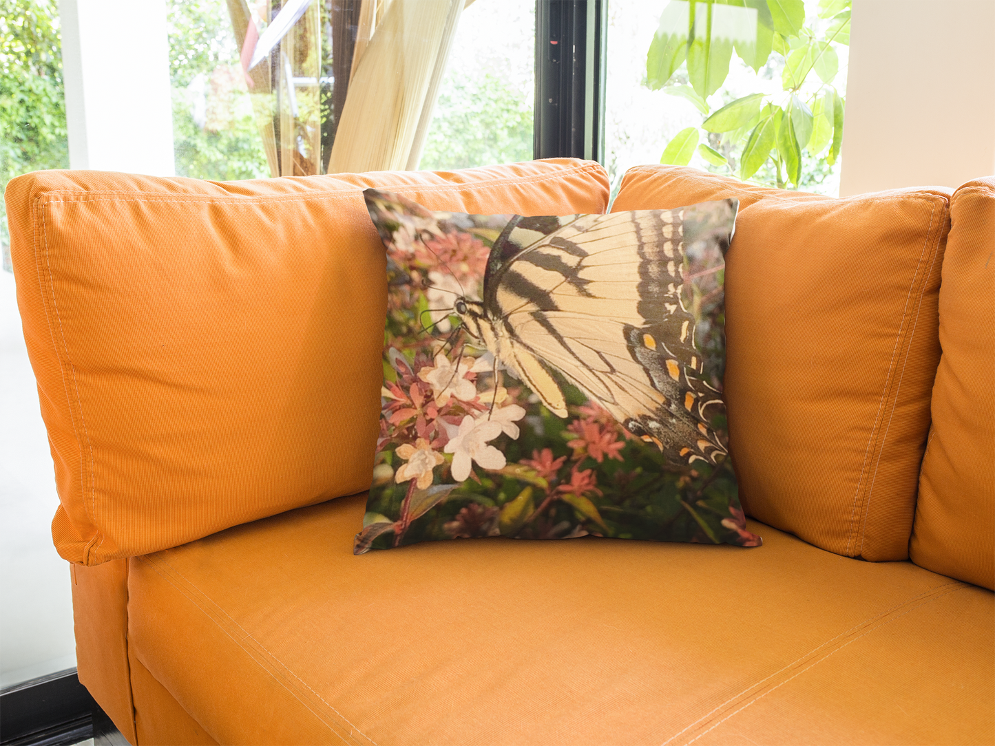 Square Pillow Featuring A Swallowtail Butterfly And Flowers